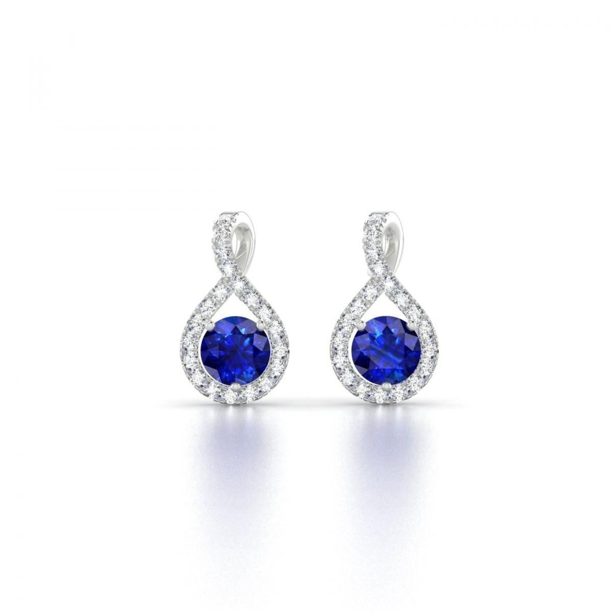 Boucles D'oreilles Clous 4 Carats Saphirs Ronds Et Diamants Or 14K - HarryChadEnt.FR