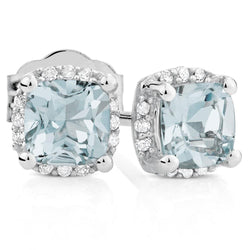 Boucles D'oreilles Clous Aigue-marine Et Diamants Halo 6.80 Ct