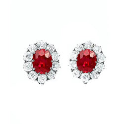 Boucles D'oreilles Clous Diamants Et Rubis Rouges 5.60 Carats Or Blanc 14K