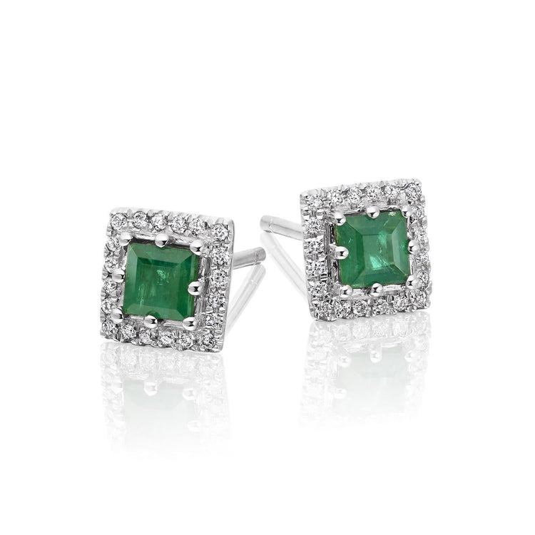 Boucles D'oreilles Clous Halo Or Blanc Emeraude Verte Et Diamants 6 Carats - HarryChadEnt.FR