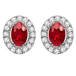 Boucles D'oreilles Clous Rubis Rouges Et Halo Diamants 2.60 Carats Or Blanc Fin 14K
