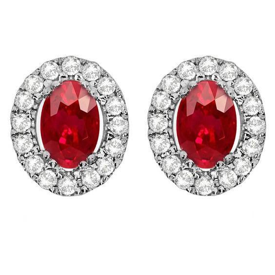 Boucles D'oreilles Clous Rubis Rouges Et Halo Diamants 2.60 Carats Or Blanc Fin 14K - HarryChadEnt.FR