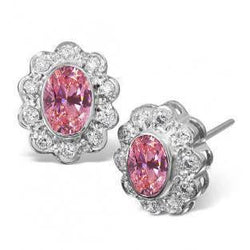 Boucles D'oreilles Clous Saphir Rose Et Diamants Taille Ovale Or Blanc 14K 3 Ct