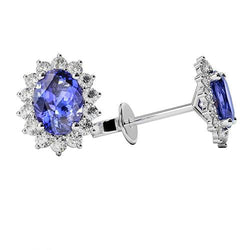 Boucles D'oreilles Clous Style Fleur 6.40 Carats Tanzanite Diamants Or 14K