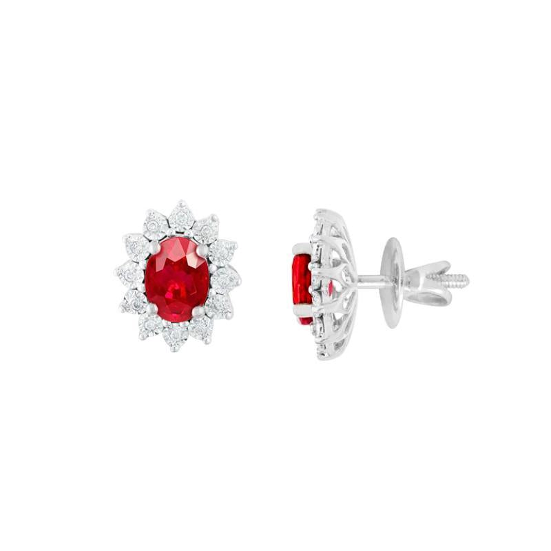 Boucles D'oreilles Clous Style Fleur Rubis 5 Ct Et Diamants Or Blanc 14K - HarryChadEnt.FR