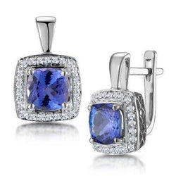 Boucles D'oreilles Créoles Dames Tanzanite Bleue 4 Ct Et Diamants Or Blanc