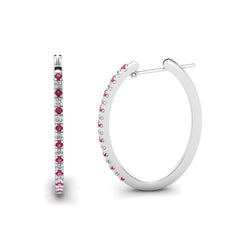 Boucles D'oreilles Créoles En Or Blanc 8.50 Ct Saphir Rose Rond Et Diamants