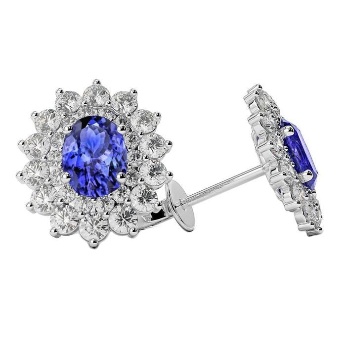 Boucles D'oreilles Goujons Femme Tanzanite Bleue Et Diamants 6 Carats Or 14K - HarryChadEnt.FR