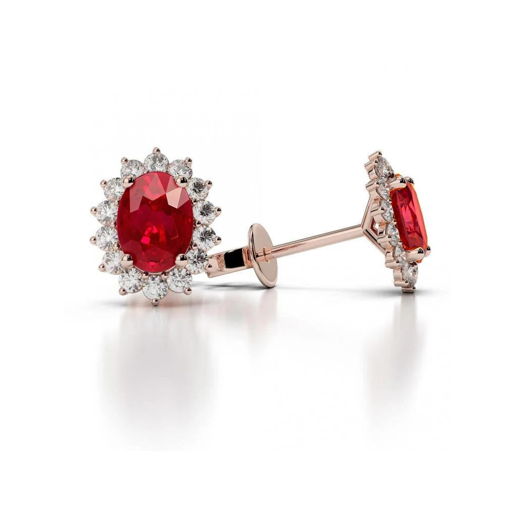 Boucles D'oreilles Goujons Ovale Rubis Avec Diamants 6.70 Ct Or Rose 14K - HarryChadEnt.FR