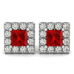 Boucles D'oreilles Goujons Rubis Rouge Et Diamants 6 Ct Or Blanc 14K