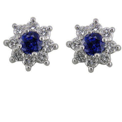 Boucles D'oreilles Goujons Saphir Bleu Et Diamants 5.40 Ct Or Blanc 14K