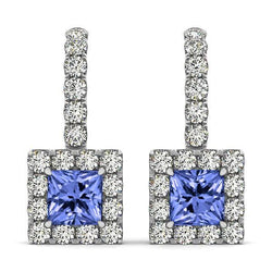 Boucles D'oreilles Lady Pendant 7 Ct Tanzanite Et Diamants Or Blanc 14K