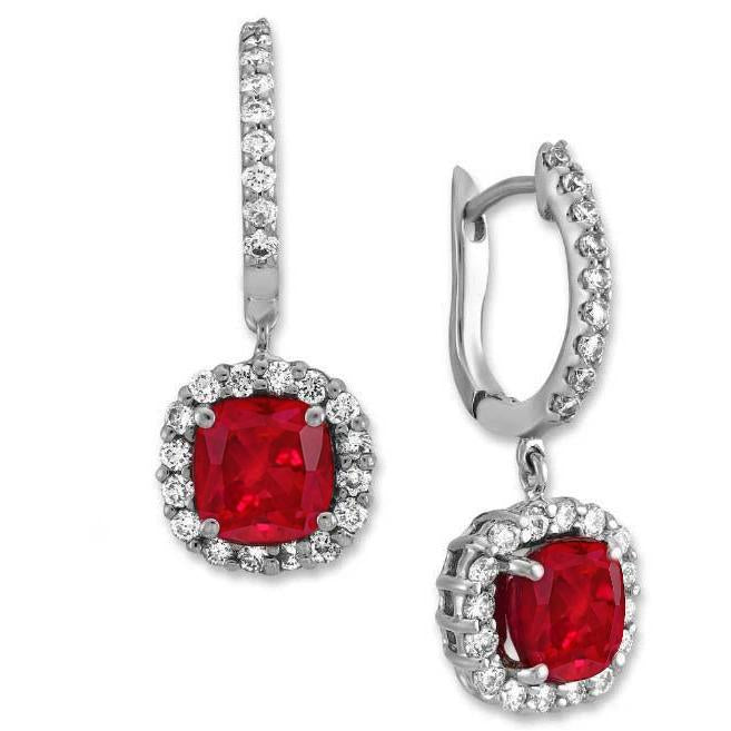Boucles D'oreilles Pendantes Diamant Rubis Coussin 5 Carats Or Blanc 14K - HarryChadEnt.FR