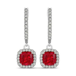 Boucles D'oreilles Pendantes En Or Blanc 14K 6.60 Ct Rubis Et Diamants
