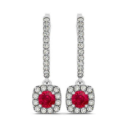 Boucles D'oreilles Pendantes En Or Blanc 14K 7 Ct Rubis Rond Avec Diamants