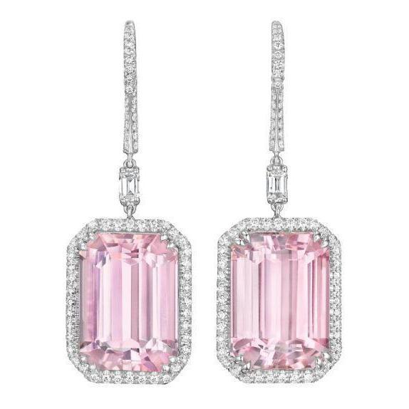 Boucles D'oreilles Pendantes Lady Kunzite Rose Et Diamants 22.50 Ct Or Blanc 14K - HarryChadEnt.FR