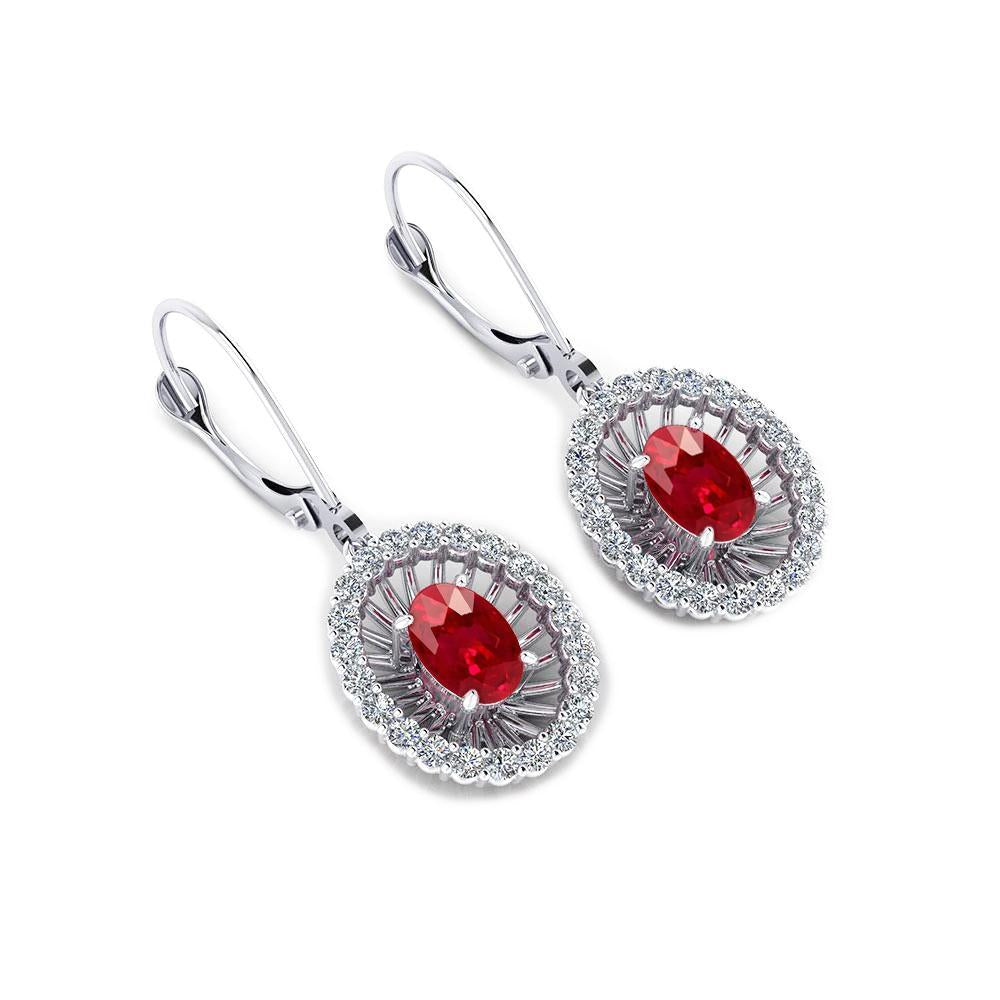 Boucles D'oreilles Pendantes Rubis Ovale Et Diamants Ronds 4 Carats Or Blanc 14K - HarryChadEnt.FR