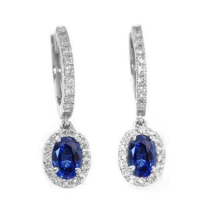 Boucles D'oreilles Pendantes Saphir Bleu Ovale & Diamant 3.06 Carats Or Blanc 14K - HarryChadEnt.FR