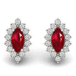 Boucles D'oreilles Puces 9 Carats Rubis Marquise Avec Diamants Or Blanc 14K