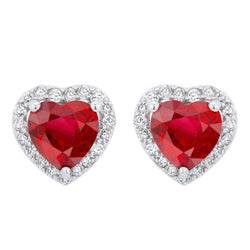 Boucles D'oreilles Puces Cœur Rubis Avec Diamants Ronds 6 Carats Or Blanc