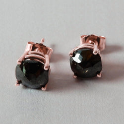 Boucles D'oreilles Puces Coussin 7 Carats Diamants Noirs Finition Or Rose 14K