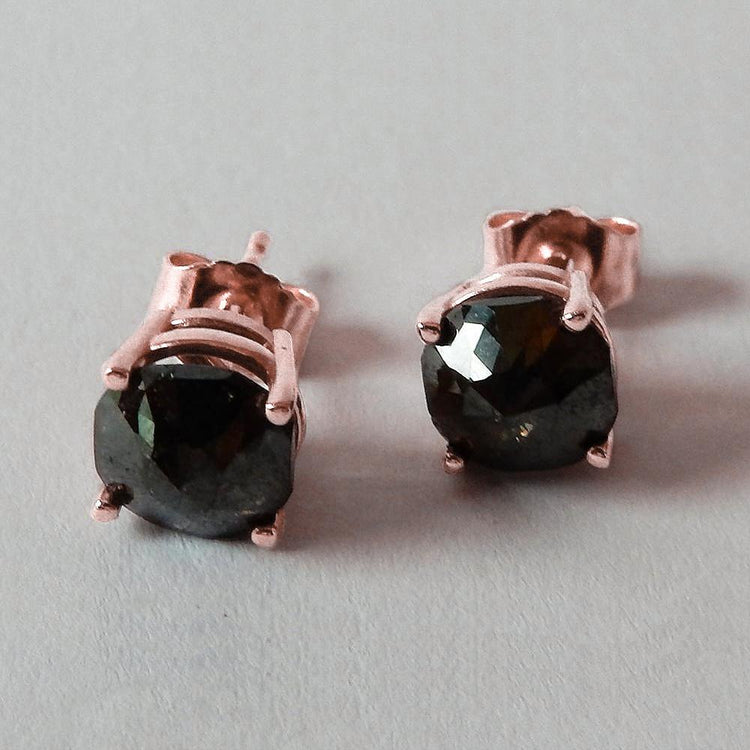 Boucles D'oreilles Puces Coussin 7 Carats Diamants Noirs Finition Or Rose 14K - HarryChadEnt.FR