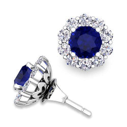 Boucles D'oreilles Puces Femme Saphir 6 Carats Et Diamants Or Blanc 14K