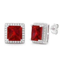 Boucles D'oreilles Puces Princesse Rubis Et Diamants Ronds 7.20 Carats Or 14K