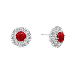 Boucles D'oreilles Puces Rondes 4.70 Carats Rubis Et Diamants Or Blanc 14K