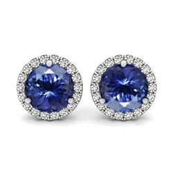 Boucles D'oreilles Puces Rondes 6.40 Carats Tanzanite Et Diamants Neuf
