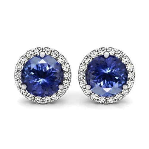 Boucles D'oreilles Puces Rondes 6.40 Carats Tanzanite Et Diamants Neuf - HarryChadEnt.FR