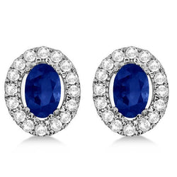Boucles D'oreilles Puces Saphir Bleu Et Diamants 6.80 Carats Halo