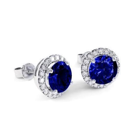 Boucles D'oreilles Rondes 5 Carats Saphir Avec Diamants Or Blanc 14K - HarryChadEnt.FR