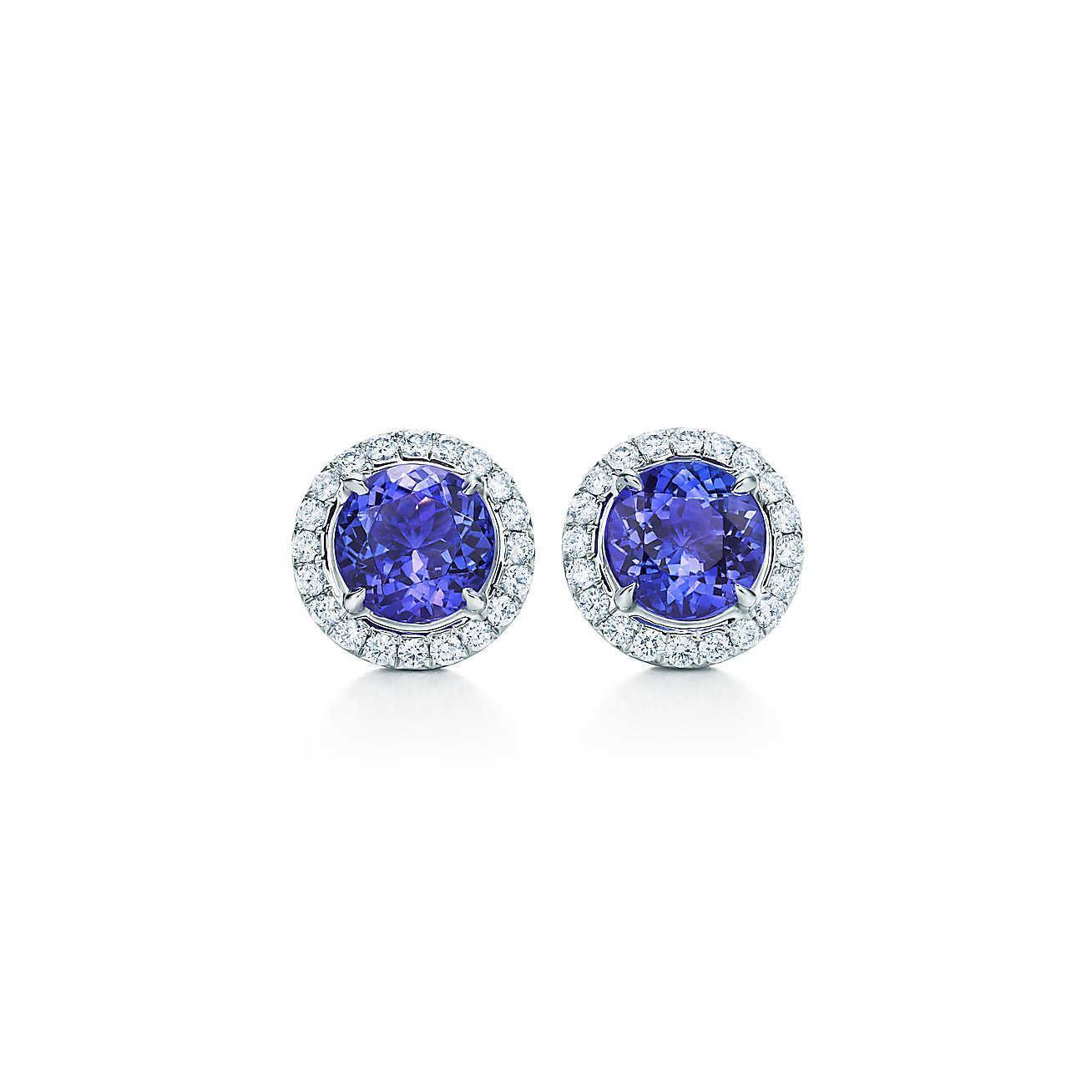 Boucles D'oreilles Tanzanite De Taille Ronde 4 Carats Et Halo De Diamants - HarryChadEnt.FR