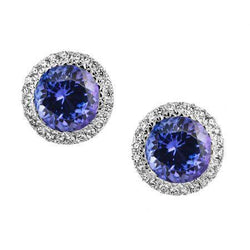 Boucles D'oreilles Tanzanite Ronde Et Diamants 5.20 Ct Or Blanc 14K