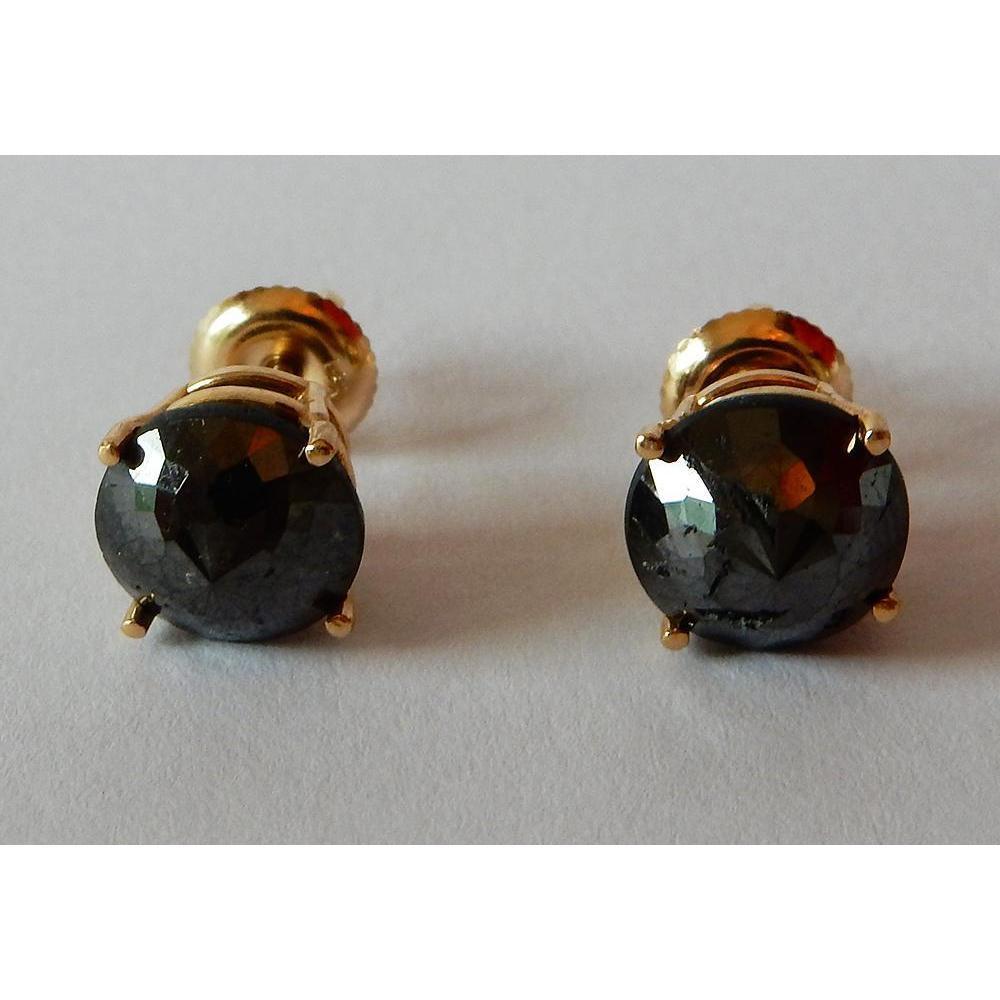 Boucles D'oreilles Tige 4 Carats Rondes Diamants Noirs Or Jaune - HarryChadEnt.FR