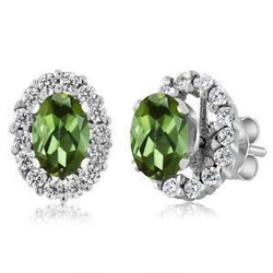 Boucles D'oreilles Tige Dame En Or Blanc 14K 10 Carats Tourmaline Et Diamant