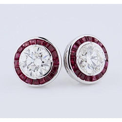Boucles D'oreilles Tige Diamant 4 Carats Rubis Birman Or Blanc 14K