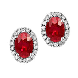 Boucles D'oreilles Tige Ovale Rubis Avec Diamants 4.50 Carats Or Blanc 14K