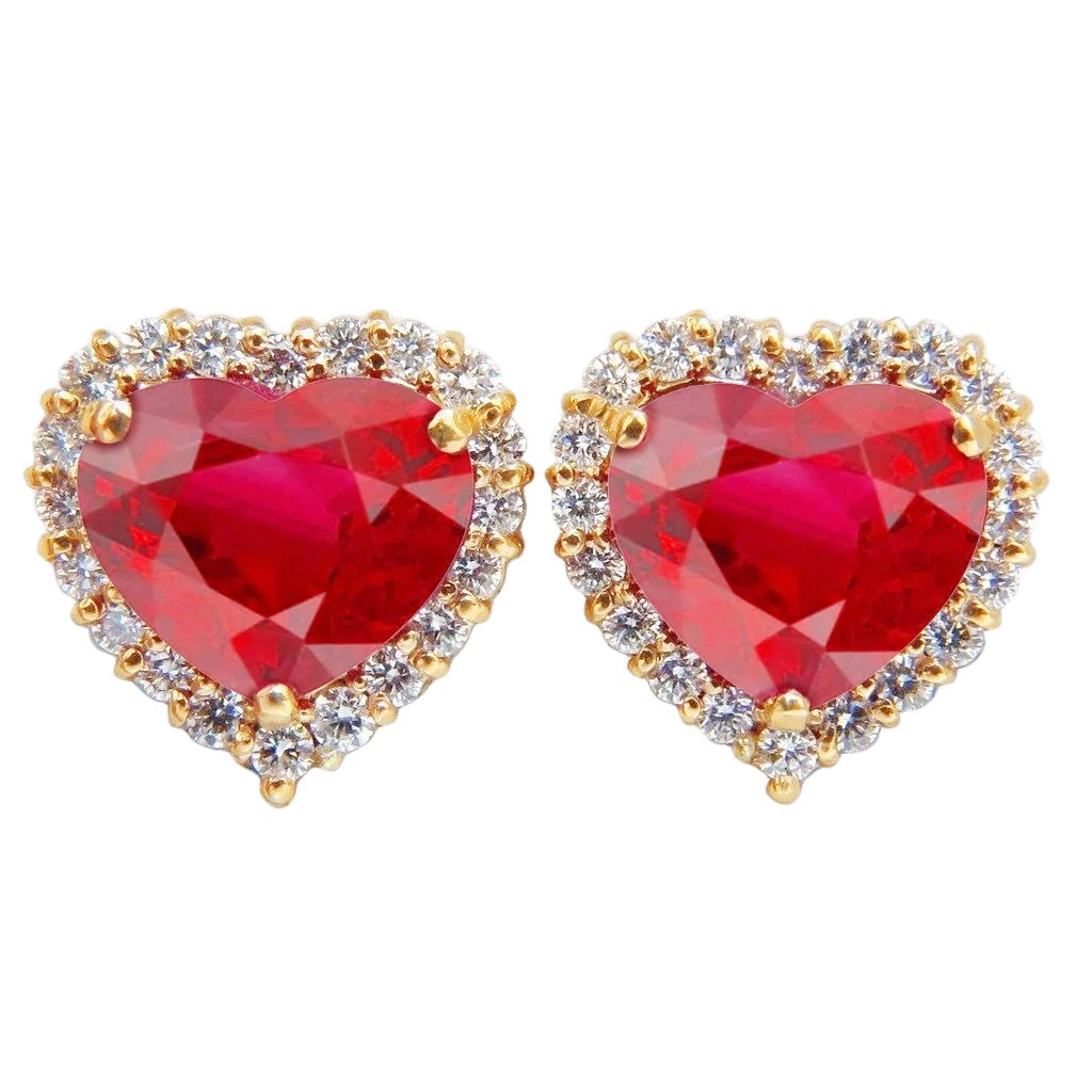 Boucles D'oreilles Tige Rubis Et Diamants Taille Coeur 7.40 Carats Or Jaune 14K - HarryChadEnt.FR