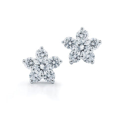 Boucles d'Oreilles Clous Diamant 3.50 Carats Forme Fleur Or Blanc 14K