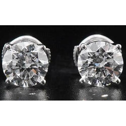 Boucles d'Oreilles Diamant 2 Carats Quatre Griffes Rondes Or Blanc 14K