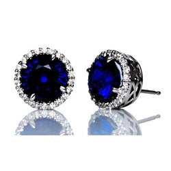 Boucles d'Oreilles Diamants Saphir Bleu 6.44 Carats Or Blanc 14K