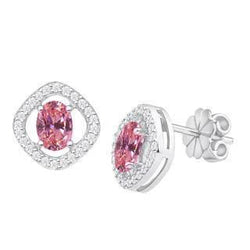 Boucles d'Oreilles Halo Diamant Saphir Rose 1.98 Ct Or Blanc 14K