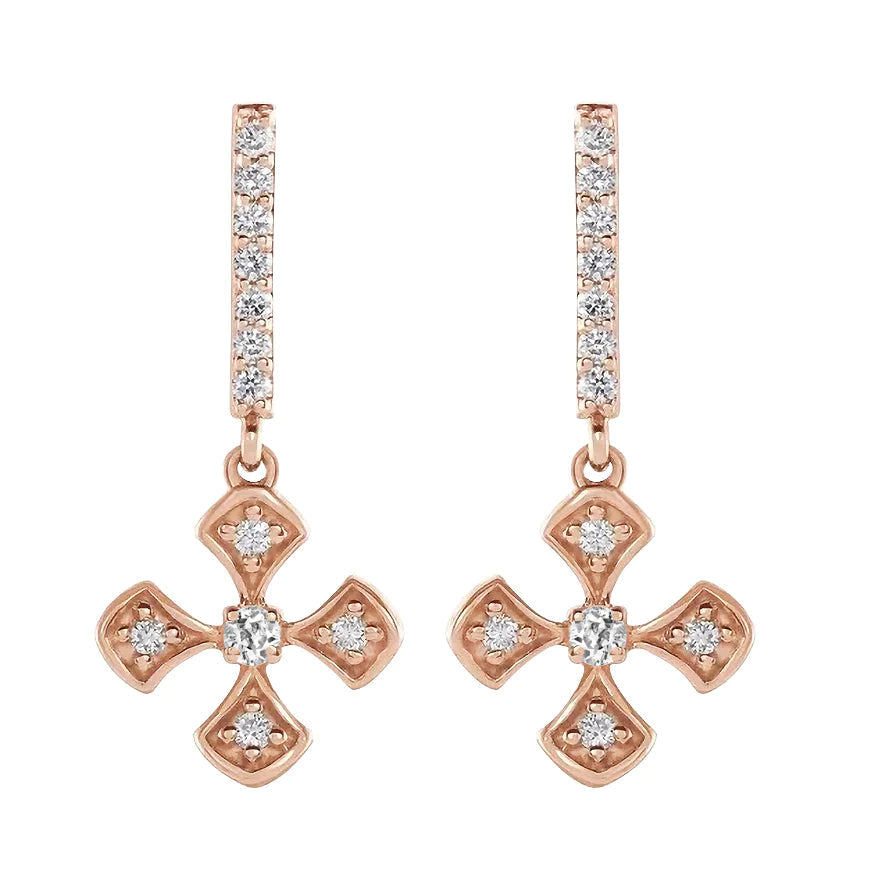 Boucles d'Oreilles Pendantes Diamant Croix Or Rose Taille Ancienne Femme Bijoux 2 Carats