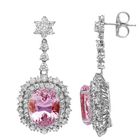 Ensemble de griffes 26.50 ct Kunzite rose avec diamants Boucles d'oreilles pendantes en or - HarryChadEnt.FR