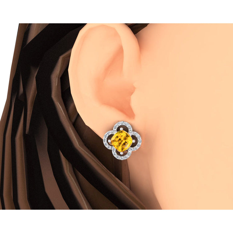 Boucles d'Oreilles Diamant Saphir Jaune Coussin