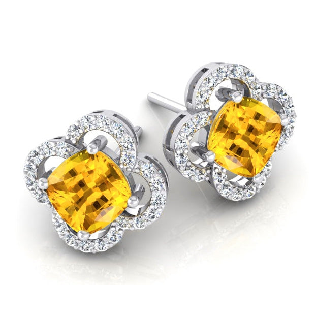 Boucles d'Oreilles Diamant Saphir Jaune Style Trèfle Feuille 7.75 Carats