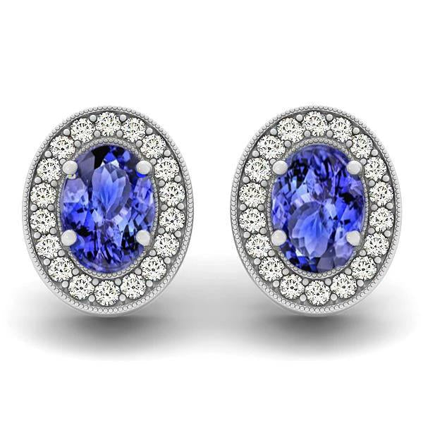 Boucles d'oreilles 6 carats en tanzanite bleu halo et diamants en or blanc 14 carats - HarryChadEnt.FR