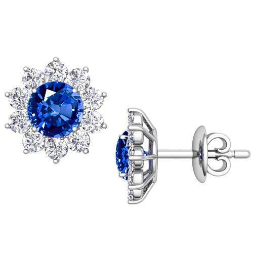 Boucles d'oreilles Ceylan Saphir Halo Diamants Or Blanc 4.60 Carats 14K - HarryChadEnt.FR